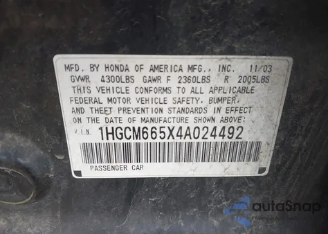 2004 Honda Accord 3.0 Ex from USA, damaged, VIN 1HGCM665X4A024492